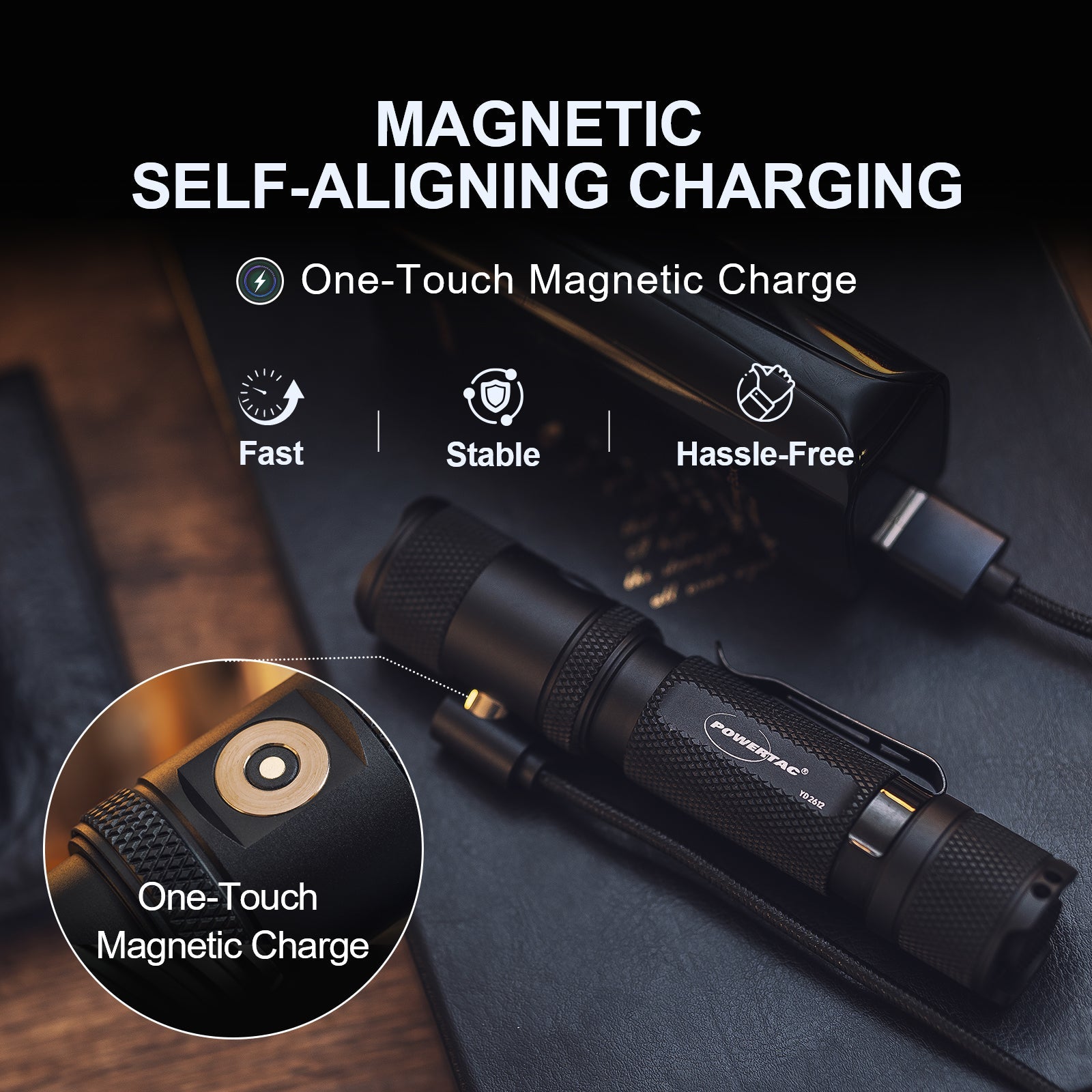 Powertac M5 Gen3 Tactical EDC Flashlight | 2030LM Super Bright | Auto-Magnetic Charge | IPX8 Waterproof & 2M Drop Resistant | 1-Inch Picatinny Mount Compatible