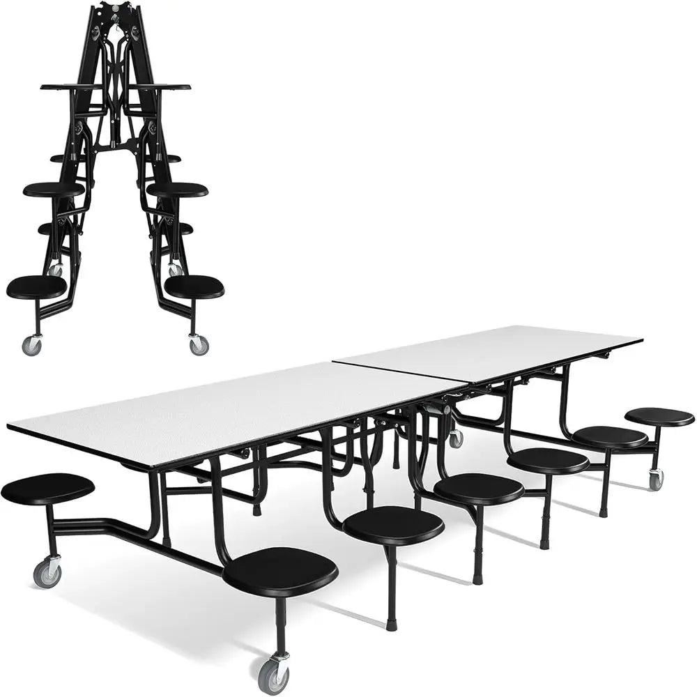 Long Casters Table with 12 Attached Stools,
