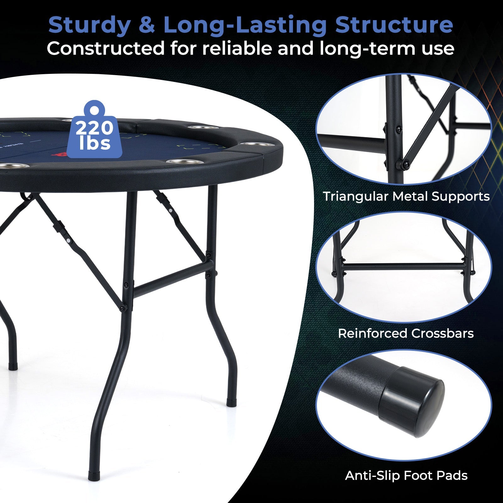 48 Inch Foldable Poker Table with 8 Cup Holders and Padded Edges