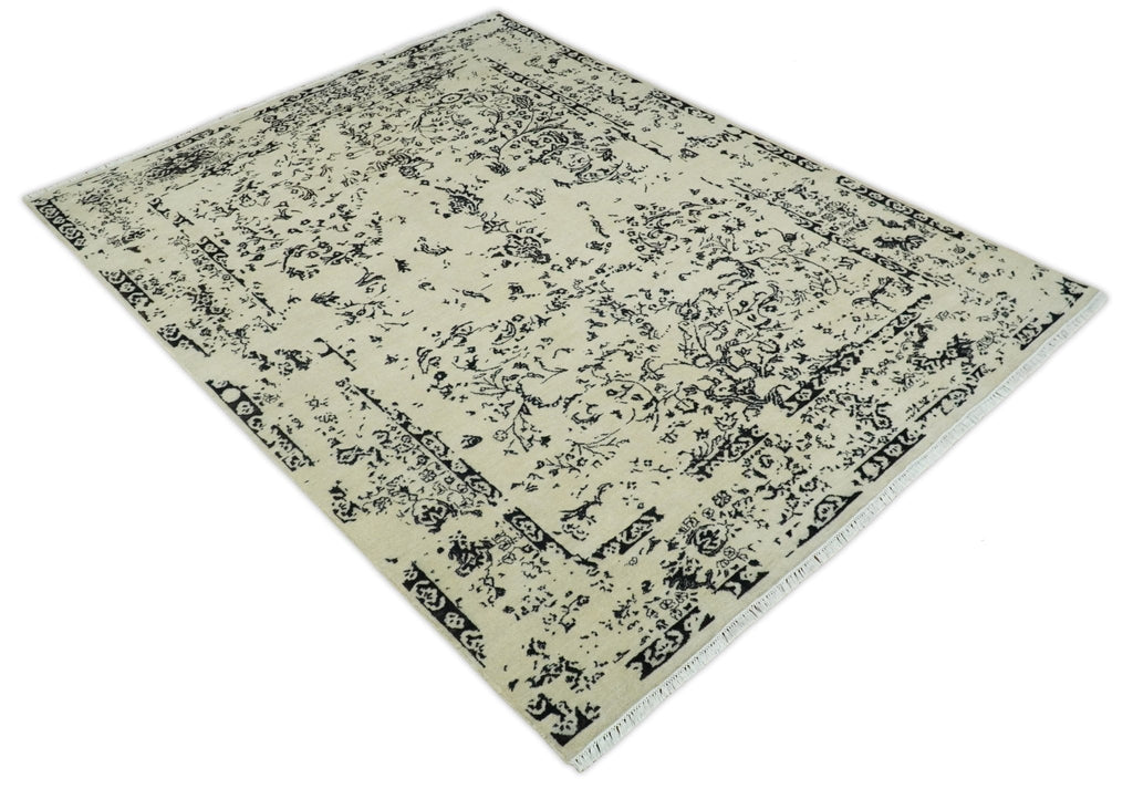 8x10 Fine Hand Knotted Beige and Black Traditional Vintage Persian Antique Wool Rug