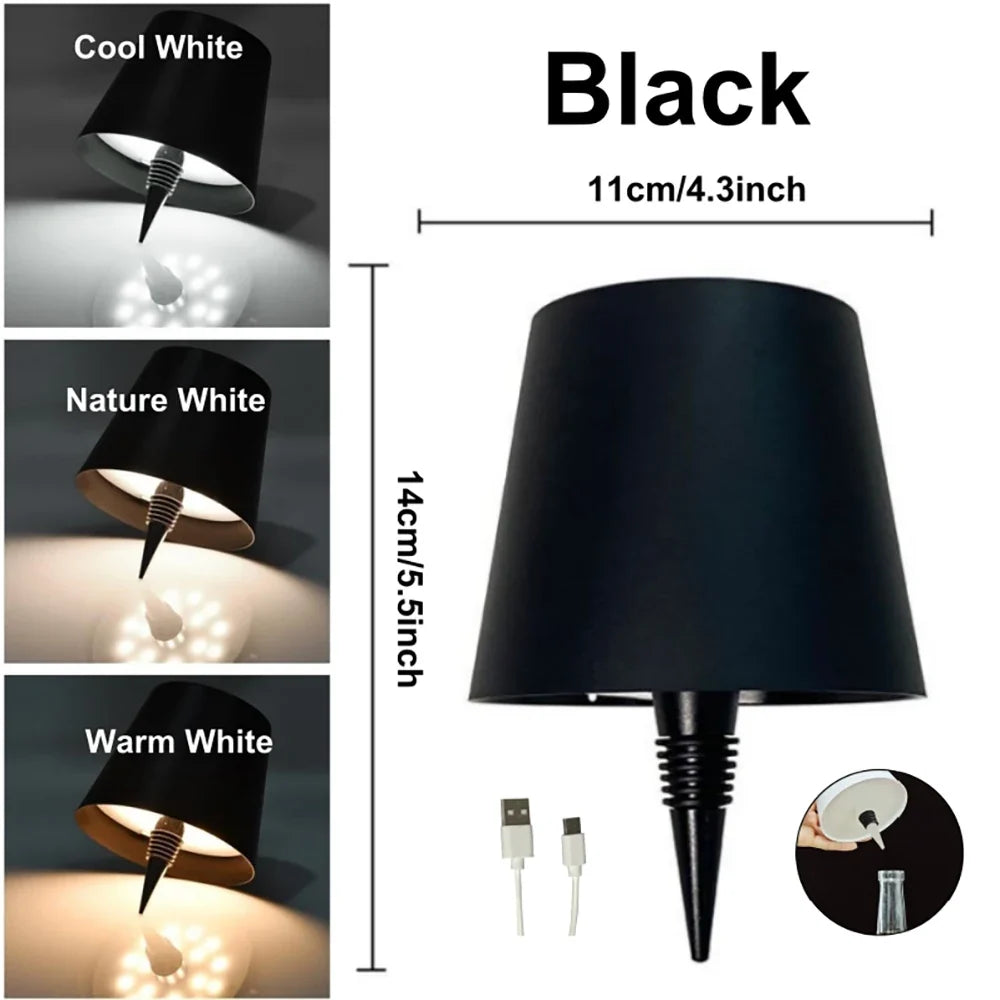 Wireless Bottle Lamp Shade Portable LED Bottle Lamp 3 Color Stepless Dimming Night light for Bedroom Bar Restaurants Party Decor