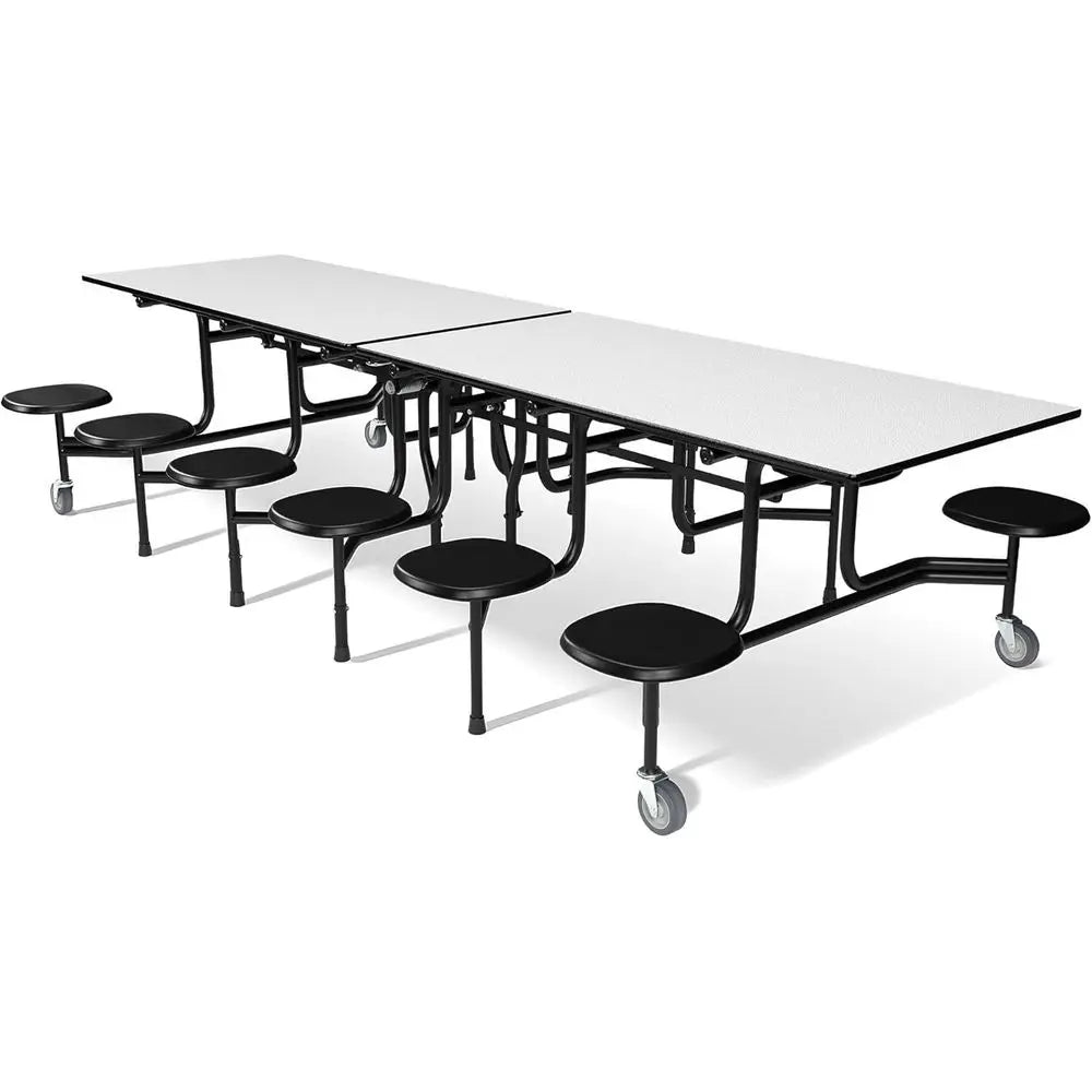 Long Casters Table with 12 Attached Stools,