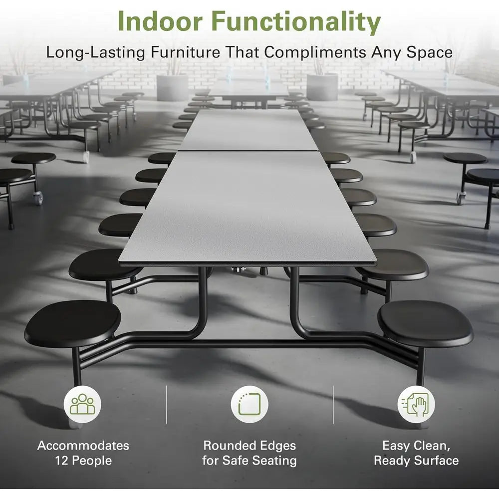 Long Casters Table with 12 Attached Stools,